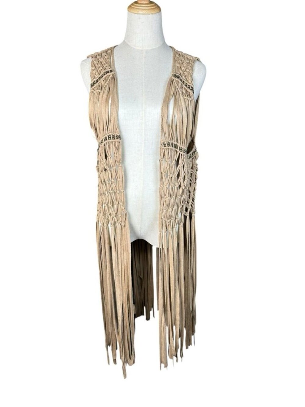 Beulah Tan Macrame Fringe Vest Tank Top Boho Festival Country Western Large 2081